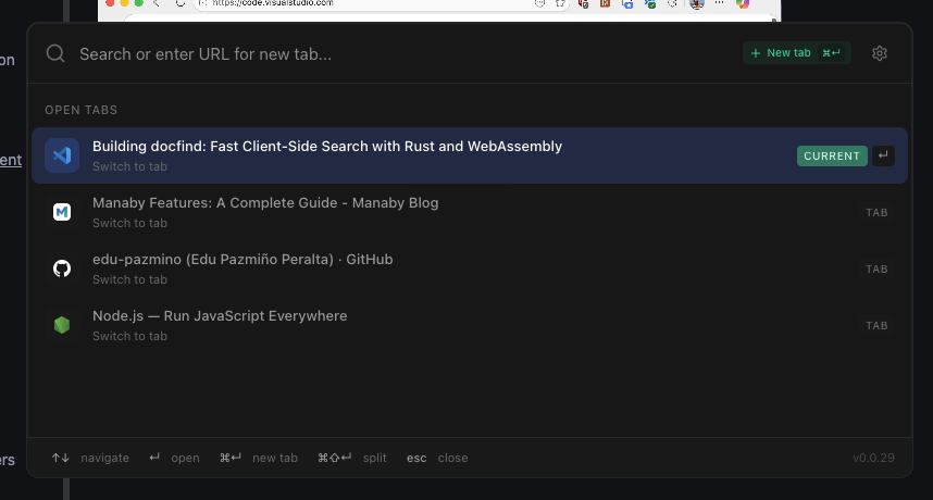 Command palette showing search suggestions and quick actions